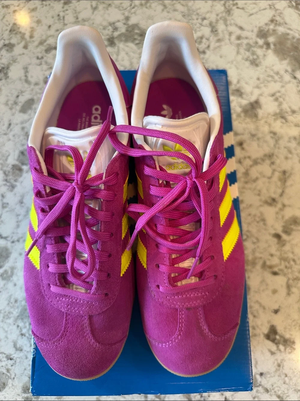 NWT Women’s Adidas Gazelle Sneakers in purple burst & solar yellow. Size 8.5